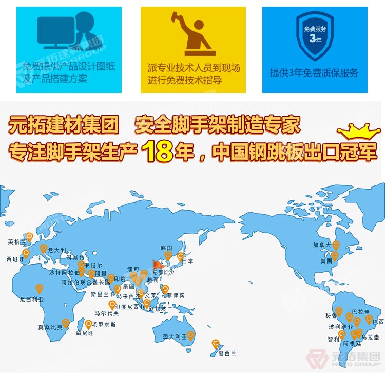 元拓建材集團(tuán)，安全腳手架制造專家！專注腳手架生產(chǎn)18年，中國鋼跳板出口冠軍！